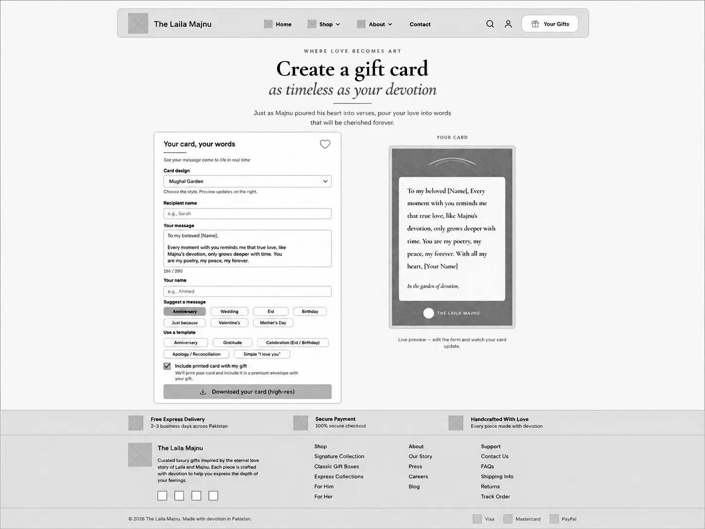 Card builder wireframes